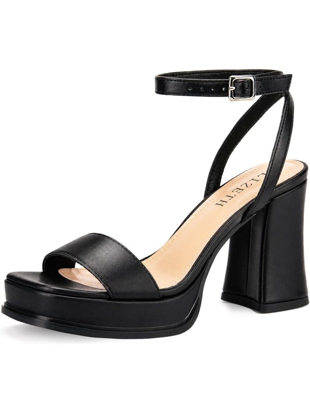 Women's Black Square Open Toe Chunky Block Heel Comfort Ankle Straps Sandals